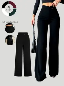 Women's Pure Black Solid Casual Elegant Fitted Straight Leg Pants with Irregular V-Noted Waistline for School, Highlighting Curves, Perfect for Daily Wear, Commuting, Dates, and Holidays