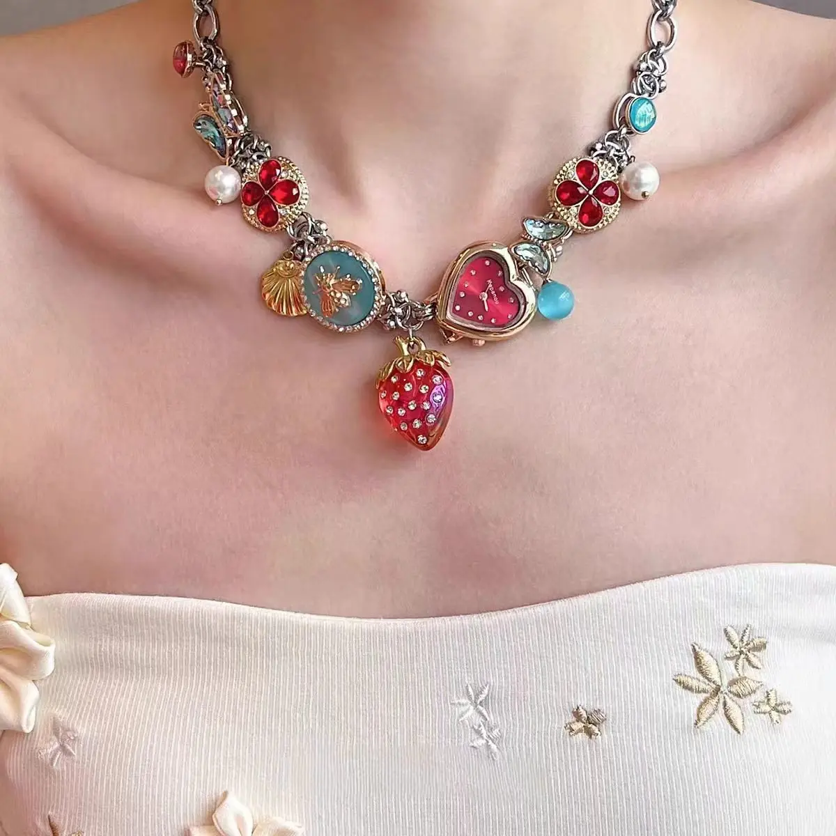 Forest berry theme: red & blue strawberry, heart, clock, and butterfly necklace; a unique "hot girl" style choker