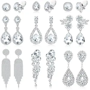 Glamorous 9 Pairs Silvery Clip on Earrings for Women Fashionable Alloy Ear Clips with Shining Rhinestones Wedding Bridal Chandelier Earrings for Brides Bridesmaids Non Pierced Jewelry Set Teardrop Long Drop Dangle Clip-On Earrings Set