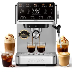 ecozy 4-in-1 Espresso Machine Countertop, 20 Bar Pump Espresso Maker with LED Touch Screen, Milk Frother, 50oz Removable Tank, Stainless Steel, Drip Coffee, Cold Brew, Over lce, Coffee Machine for Home Coffee Bar, Office, Latte, Cappuccino, Macchiato