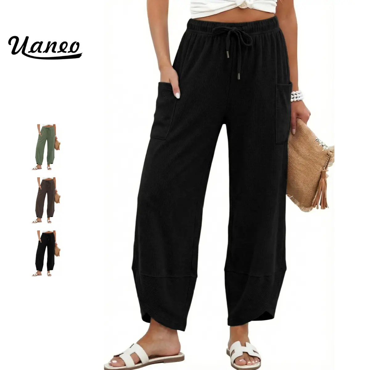 UANEO Womens Wide Leg Sweatpants Drawstring Elastic Waist Harem Pants | High Rise, Women's Lounge Sweatpants with Side Pockets, Solid Color Barrel Palazzo Pants, for Spring, Summer, Fall and Winter