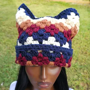 The Diamond Crochet Cat Ear Style Beanie Hat Crochet Hat Granny Diamond Stitch Beanie hats