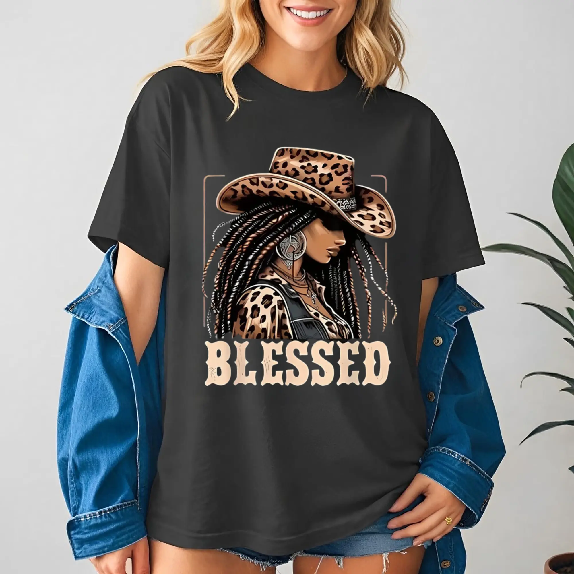 Women's Blessed Cowgirl Graphic Tee, Soft Printed Cotton Leopard Print T-Shirt, Short Sleeve Afro Western Christian Style, Essential, Shortsleeve