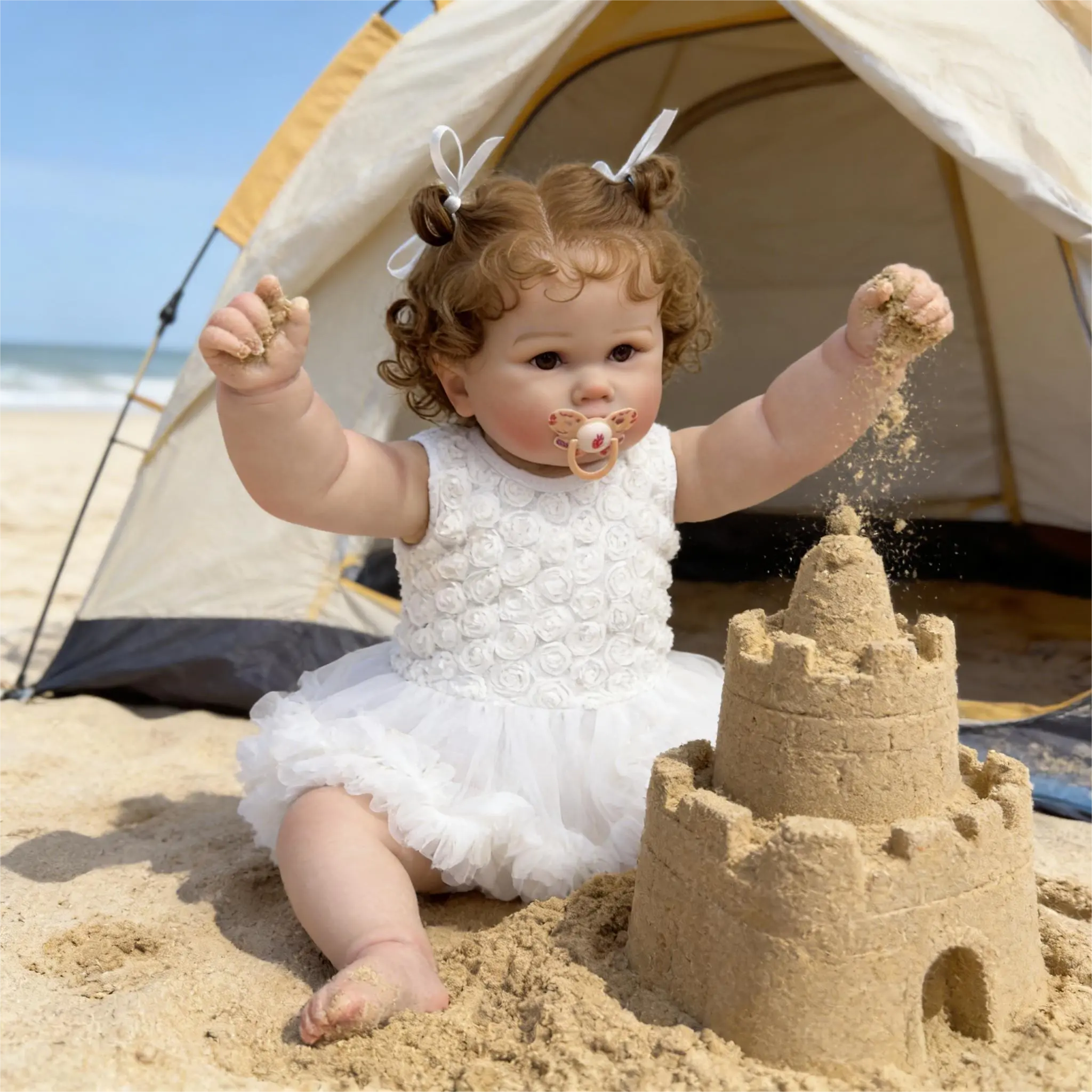 Unisex 20-in Soft Dolls - BPA-Free Reborn Baby Doll with Ultra-Soft Cloth Body, Rooted Brown Curly Hair, Hand-Painted Features, Tiered Dress, Collectible Toy Gift for 4-6 Years Old Kids (Ages 3+ Compatible)