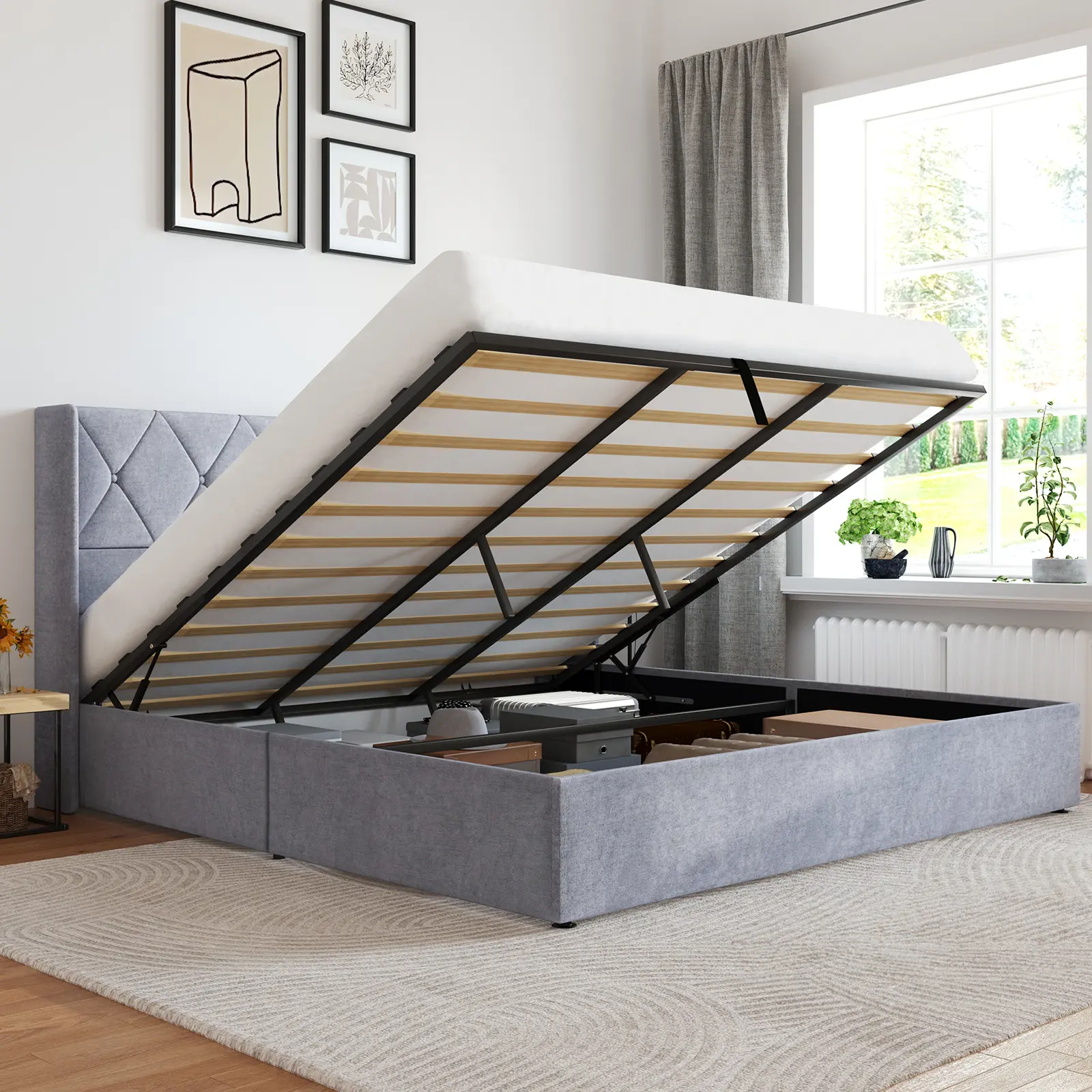 Lift Up Storage Bed Modern Wingback Headboard Hydraulic Support No Box Spring Needed Grey Space Saving Storage Easy To Use