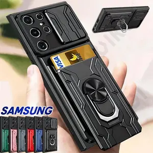 Fin Case For Samsung Galaxy S25 S24 S23 S22 S21 Ultra Plus S20 FE A55 A35 A54 A14 4G 5G  Slide Camera Card Holder 360° Ring Cover