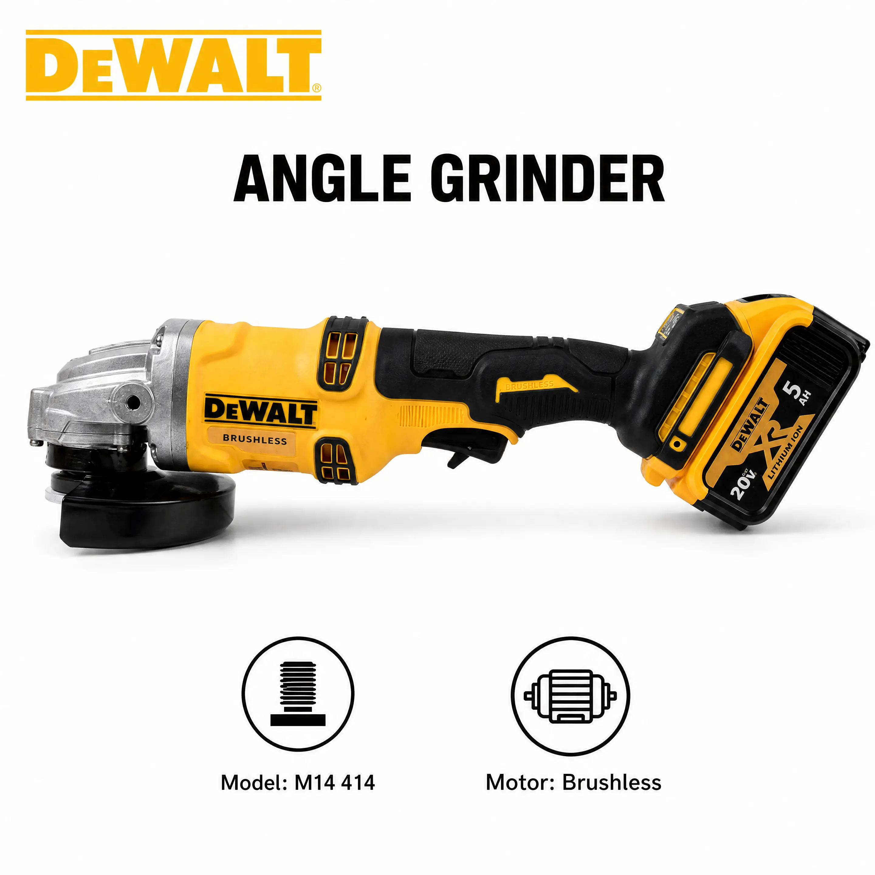 DEWALT DCG414 Cordless Grinder 5 Inch Angle Grinding Tool For Professional Builders Mechanics Fabricators And Workshop Users Suitable For Cutting Grinding Finishing Applications With High Speed Operation Safety Features And Compact Structure