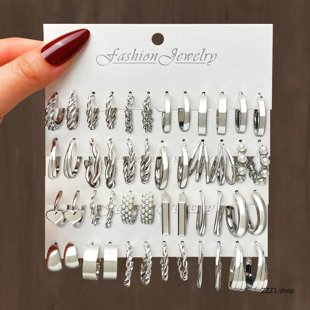 Women's Chunky Hoop Earrings Set, Silver-Tone Huggie-C Shape Styles with Twisted, Pearl, Heart Accents for Casual Wear (Sports & Outdoor Accessories Compatibility), Ear Accessories, Unisex Wear, Pearl Accents, All Seasons, Artificial Pearl