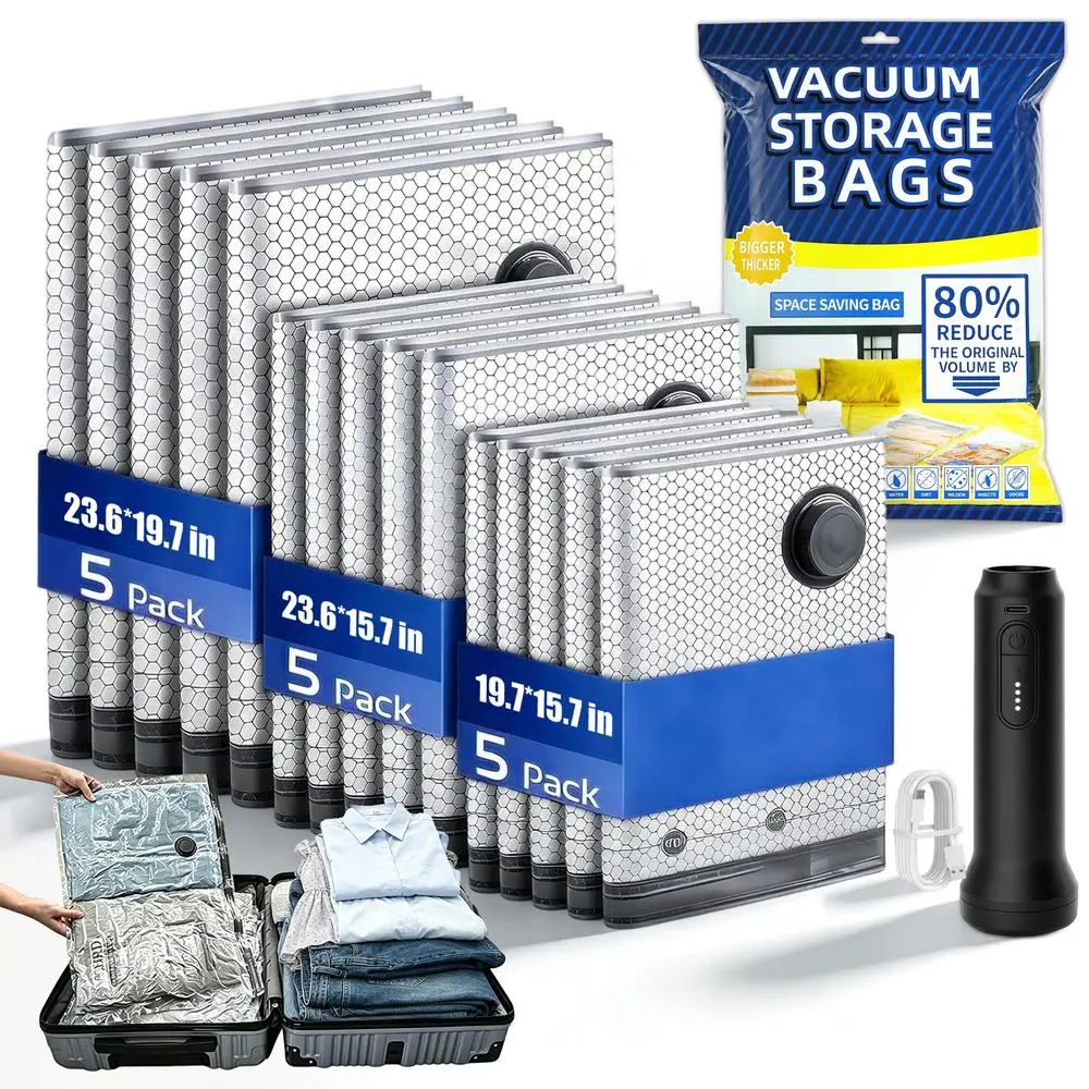 Gift-ready cordless vacuum pump travel compression storage bag kit, 140 L/min high airflow air removal, waterproof reusable airtight garment packing organizers available in packs of 9/15/20/24.