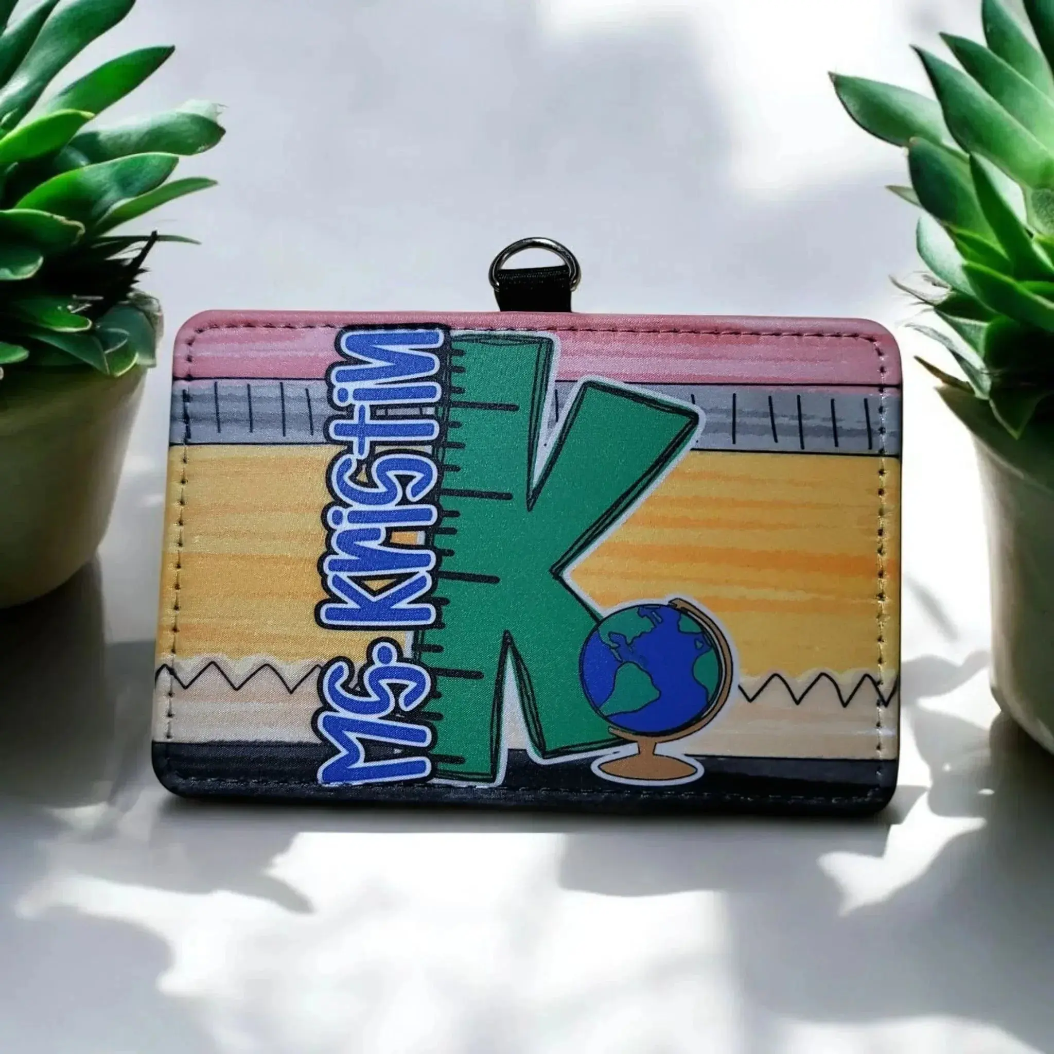 Custom Teacher Badge Holder - Horizontal PU Leather ID Wallet, Clear ID Sleeve (for Office Identification Supplies)