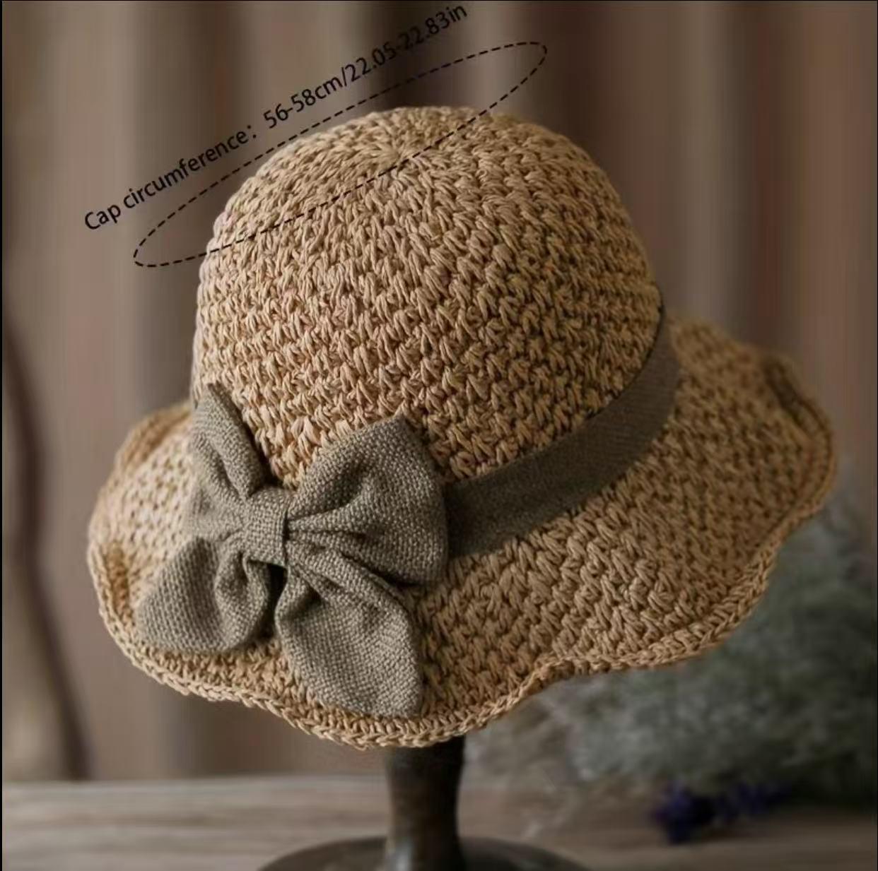 Versatile retro woven handmade straw hat withruffled bow, elegant French sun hat, foldable,breathable travel beach hat.Folds compact for easy portability.