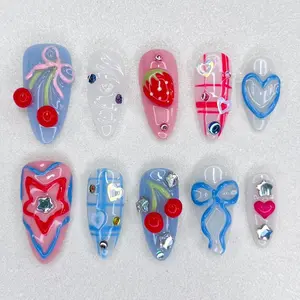 S143 Pop Candy Love Press-On Nails, 3D Cherries, Hearts & Stars, Glossy Jelly Colors, Custom Handmade, Summer Trend Look, Solana Nails Town