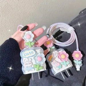 5-Piece Wave Floral Pattern Protective Set, Apple Charger & Data Line Protection, Fits iPhone 14 Pro Max, Perfect Gift for Boyfriend/girlfriend