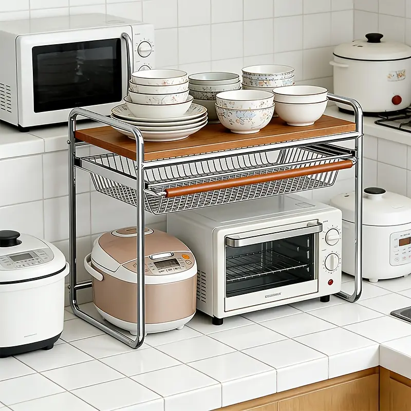 1 PC Retractable Microwave Oven Rack, Countertop Microwave Oven Rack, Mid-century Style Microwave Oven Storage Rack, Drawer-style Kitchen Countertop Oven Rice Cooker Multi-functional Storage Frame, Multi-functional Shelf, Carbon Steel Material