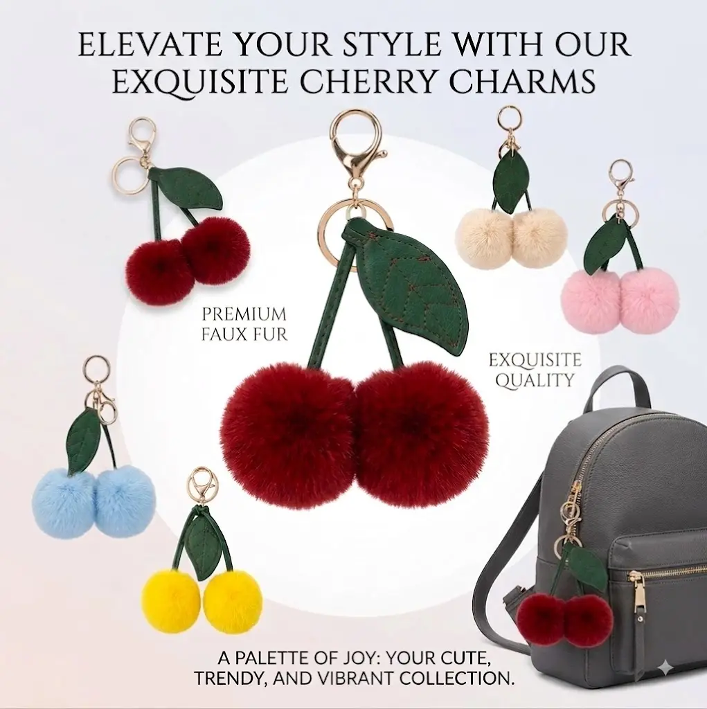 Faux Rex Rabbit Fur Cherry Keychain Car Pendant, Cute Plush Ball Doll Charm, Backpack and Bag Accessories Decoration