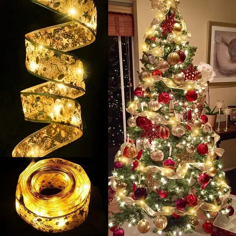 DKD Christmas Ribbon Lights, 33ft 100 LED Tree Silver Lights,Battery Powered Double Layer Copper Wire Ribbon-Bows Fairy Strings Lights for Weddings New Year Christmas-Decor|Warm White