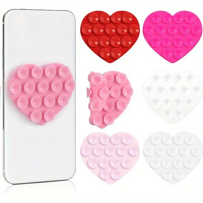 6 Pcs Heart Suction Phone Grip, Silicone Suction Phone Case Sticky Mount Adhesive Cellphone Holder Double Sided Hands-Free for Selfies Videos Selfie Accessories Mobile Devices Mirror Glass