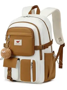 Colorblock Large Capacity Backpack with Cute Charm, Casual Zipper Backpack for Women & Men, Fashionable Backpack for Daily Use