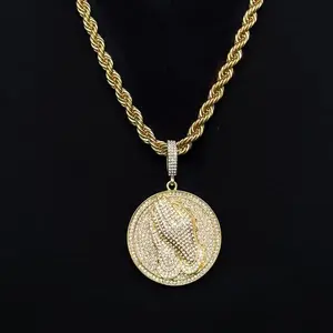 MaxBling81 Men's Unisex Large Iced Cubic Zirconia Praying Hands Religious Medal Pendant Necklace, 8mm 24" Thick Rope Chain, High-Quality Polished, Exquisite Jewelry Gift, Men's Accessories, Fashionable Chains for Daily Wear