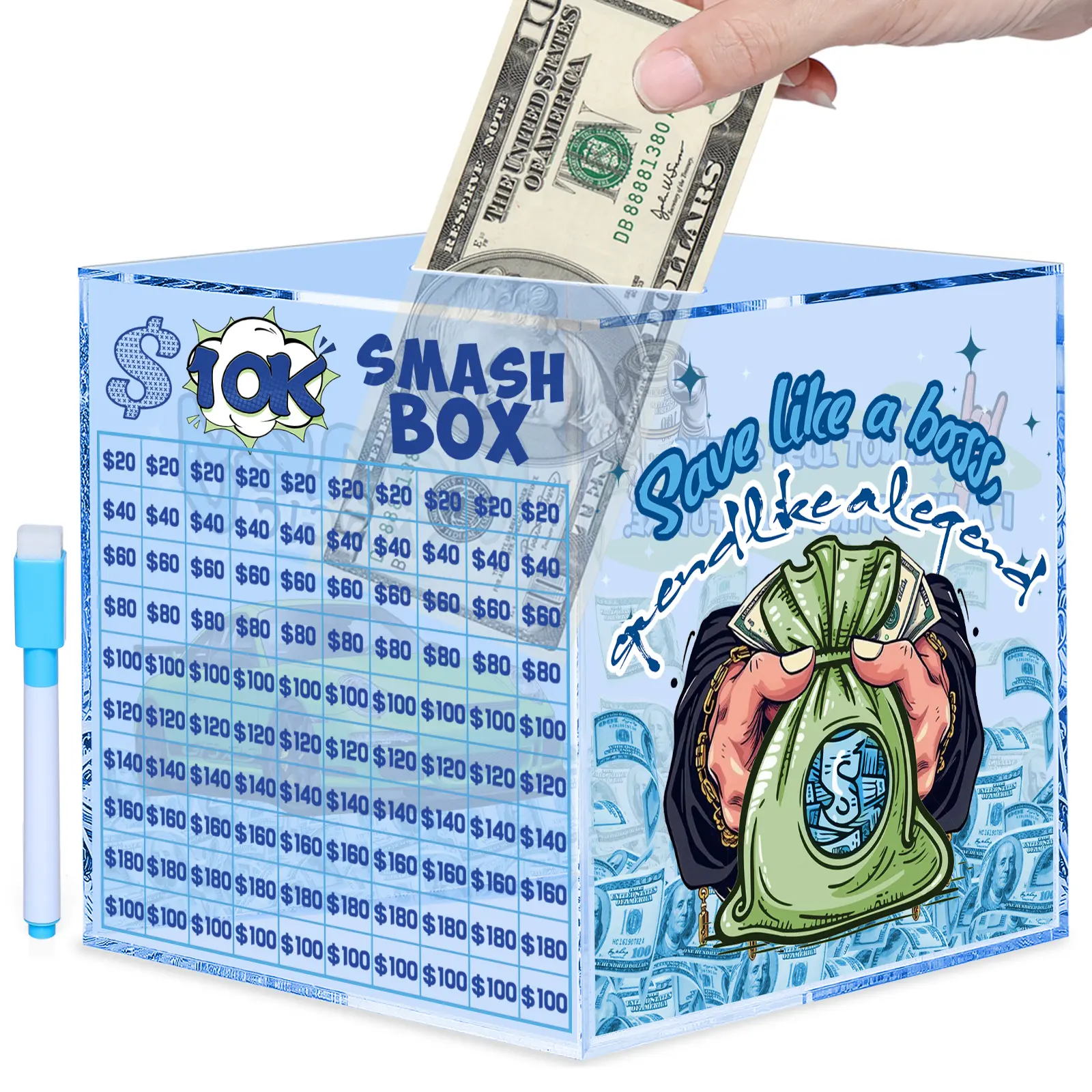 10k Smash Box for Money, Large Piggy Bank for Adults 10000 Savings Challenge Box, Money Saving Box for Cash, Big Unbreakable Clear Acrylic Money Saver Must Break to Open (Blue)
