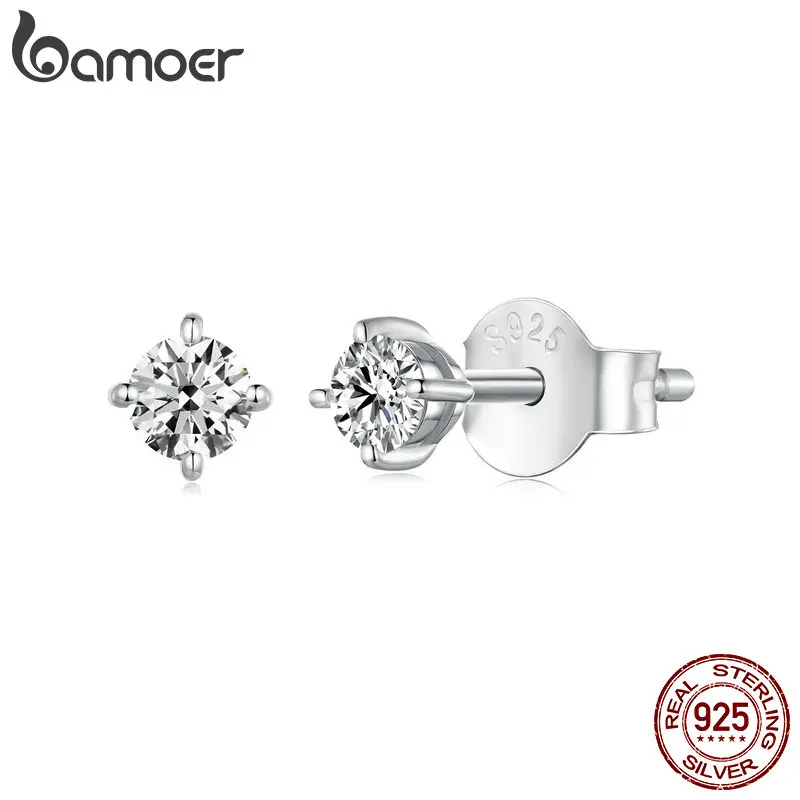 Bamoer 925 Sterling Silver Classic Mini Moissanite Stud Earrings Round Cut VVS1 Lab Diamond for Men Women Party Certified Gift