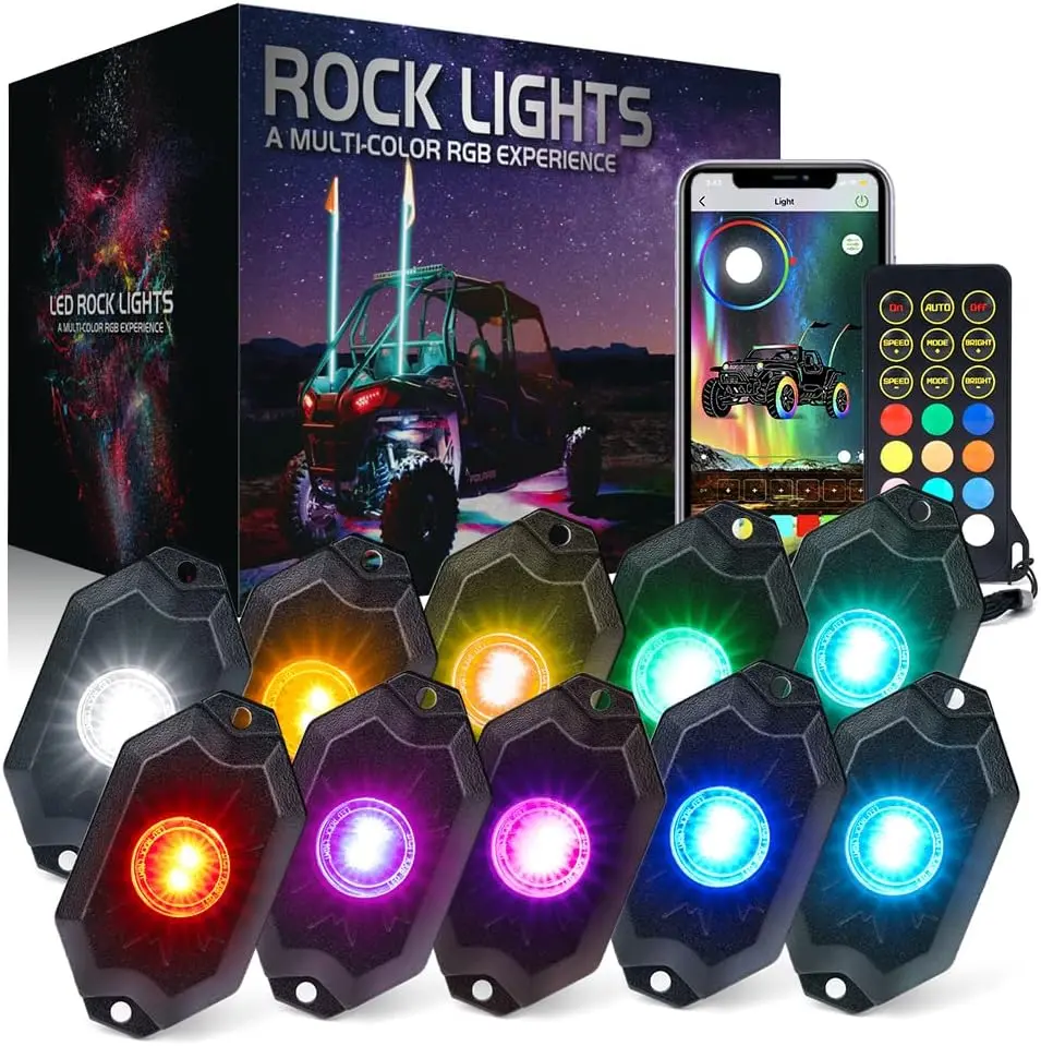 XPRITE RGBW LED Rock Lights Kit with Bluetooth & Wireless Remote Controller, Multicolor Cars Underglow, Wheel, Footwell Neon Light Kits, for Off-Road UTV ATV Trucks SUV Motorcycle Boats - 4 / 6 / 8 Pods