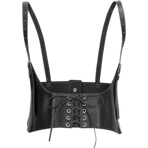 Women Faux Leather Corset Waist Belt Elastic Wide Underbust Corset Lace-up Steampunk Waspie Belt For Halloween