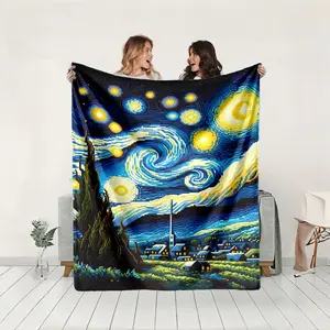 1 piece Van Gogh's "Starry Night" pixel art night scene themed flannel blanket - Oversized comfortable flannel sofa blanket, suitable for beds and sofas, modern geometric pattern design, all-season use, digital printing, 100% polyester material