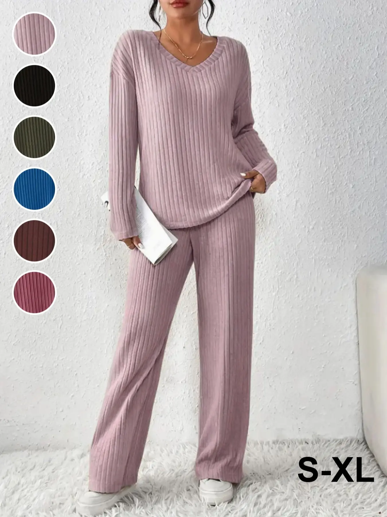New Year Autumn Winter Loose Ribbed Fleece Two-Piece Set Outfit Women, V-Neck Long Sleeve Top and Straight Leg Pants Casual Everyday Womenswear Clothes