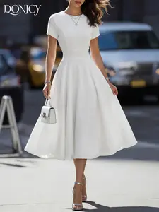 Women's Textured Fabric Tie-Back Midi Dress, Casual Loose-Fit Short Sleeve, All Seasons, Perfect for Weddings, Parties, Daily Wear, Chic
