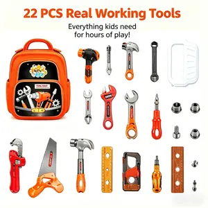 Children's 22-Piece Pretend Play Accessories Tool Set with Backpack, Toy Drills, Safety Helmets, DIY Parts - Fun Learning Kit for Boys Ages 3-4 (School & Educational Supplies)