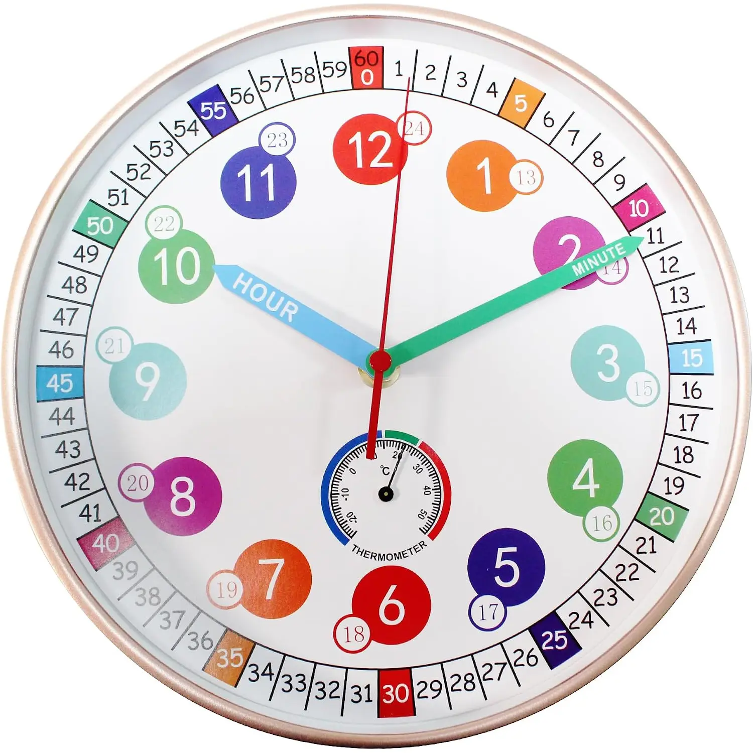 Learning Time Clock for Kids ,10Inch Colorful Clock Face Silent Clocks,Bedroom,Kitchen,Classroom,Clear Digital,Décor at School, Wall Clock for Kids Room (Rose Gold)