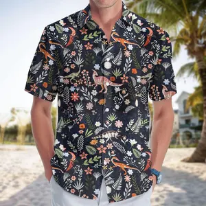 Tropical animal Hawaiian shirt combining dinosaur and floral patterns, a youthful unisex vacation shirt designed for comfortable resortwear for both men and women.