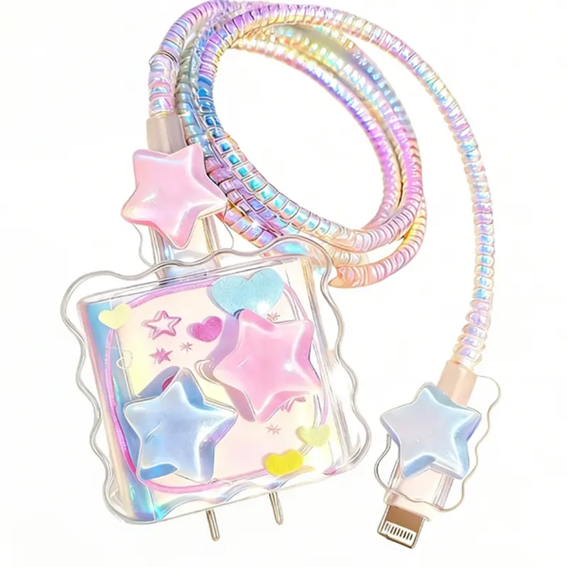 Cute Star Shape Charger Cover & Cord Protector Pack (1-Pack) - 20W Fast Charger Adapter Accessory, Anti-Breaking Anti-Bend, Fits iPhone 12/13/14/15, Colorful Smartphone Christmas Gift Accessory