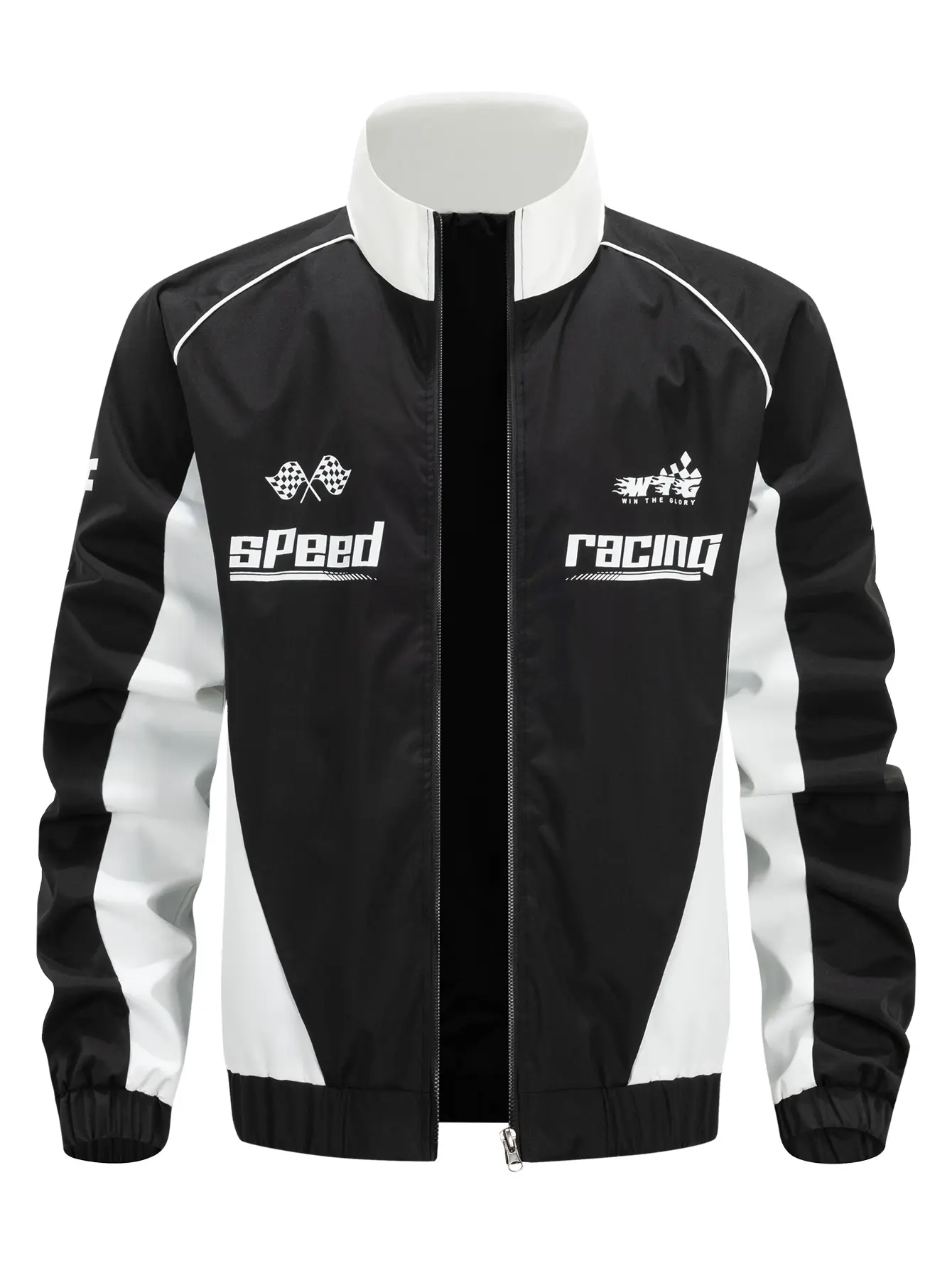 Y2K racing-style color-block jacket for men, featuring a stand collar, zip closure, windproof design, graffiti lettering, checkerboard print, and hip-hop street style—a lightweight athletic outerwear piece.