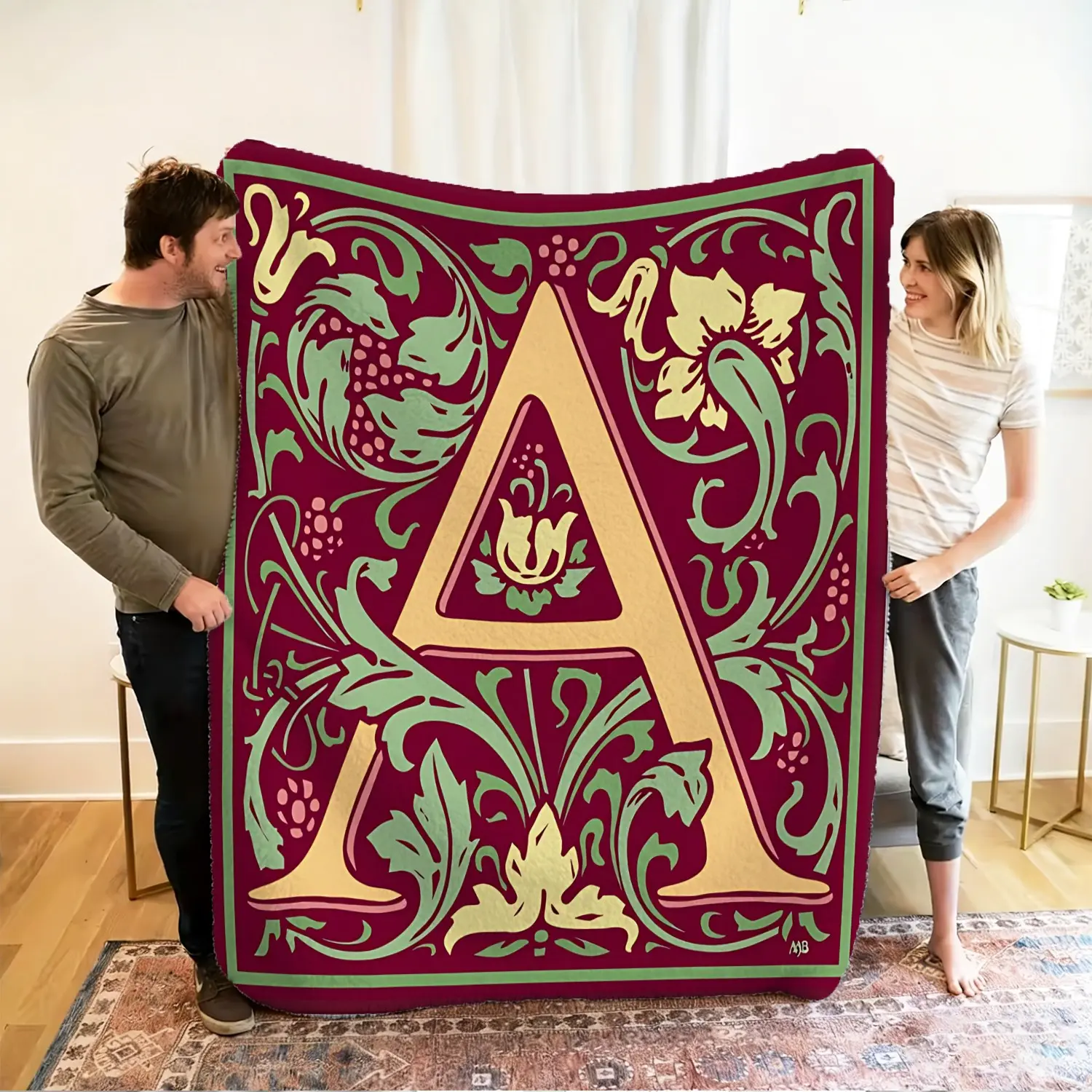[Art Nouveau Aesthetic Blanket] Luxury Burgundy Gold Floral Tapestry Print Throw Blanket - Soft Flannel Warm Blanket for Couch, Bed, Home Decor, Office Nap & Camping Travel - Cozy Premium Fleece Gift for All Seasons (100% Polyester)