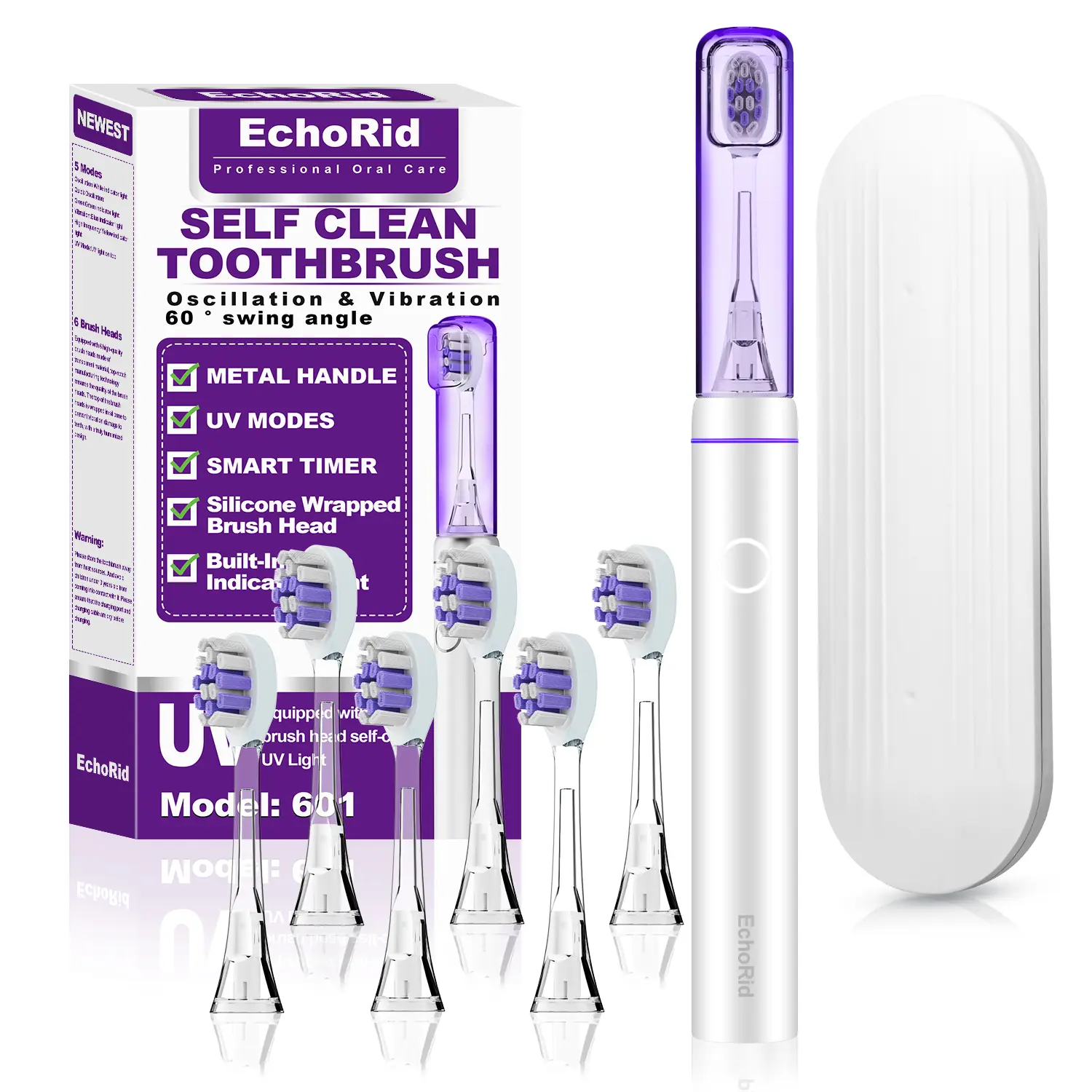 EchoRid Rechargeable Power Toothbrush Set - Metal Handle, 60° Oscillating-Vibrating, 5 Modes (Incl. Soft Silicone Deep Clean), Timer, 6 Heads, IPX7 Waterproof, UV Sanitizing, Fresh Mint, Plaque Removal, Long Lasting, for Teeth Whitening, Braces, Kids