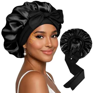 1pc Satin Bonnet Silk Bonnet for Sleeping Double Layer Adjustable Hair Bonnet for Women Men for Curly Natural Hair with Tie Band, Black