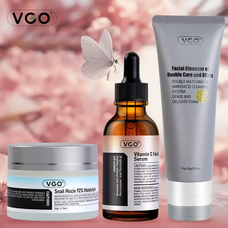 VGO facial skin care Set 10% Vitamin C Serum 92% Snail Mucin Moisturizer Double Care Facial Cleanser night moisturizer facial hydrating Instant Glow Vitamin E Moisturizer