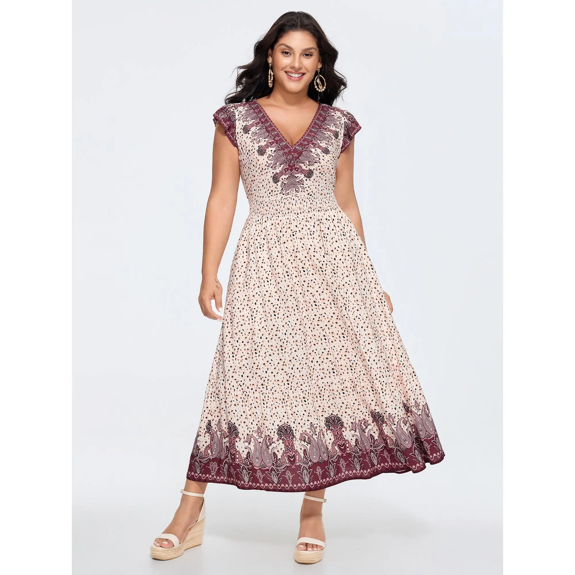 BloomChic Plus Size Boho Paisley Print Rayon Maxi Dress, Casual Summer V-Neck with Cap Sleeves and Pockets, Garment, Low Iron, Hippie Style, Cold Wash, Do Not Tumble Dry, Pull On, 14-16/1X, Women