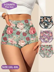【Plus Size】 All Over Print Brief, Casual Comfy Breathable Panties, Casual Breathable Knicker for Daily Wear, Women's Underwear for All Seasons
