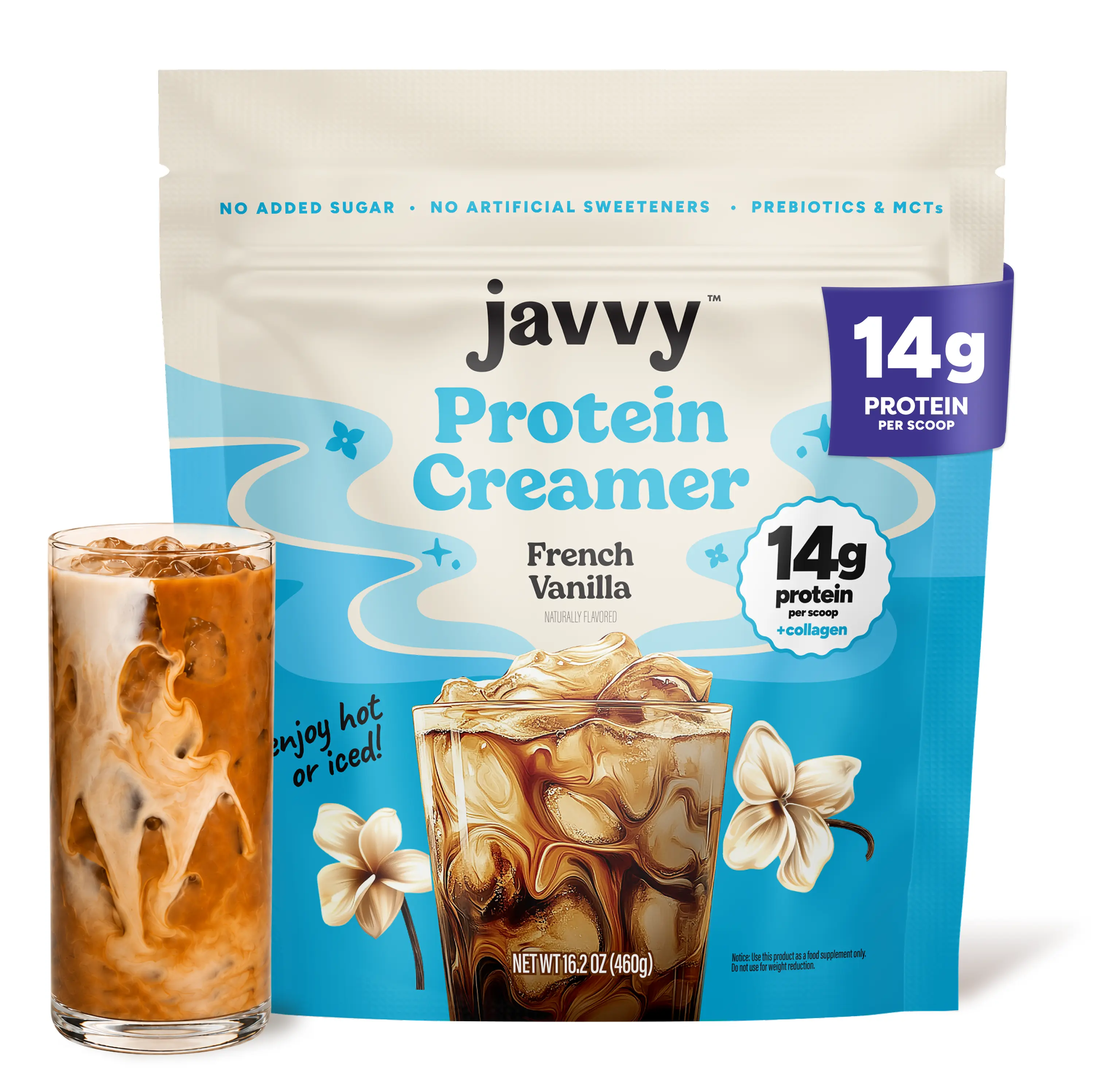Javvy French Vanilla Collagen Protein Creamer Grass Fed Pasture Raised Collagen  Hair, Skin & Nail Support, Energy-Boosting MCTs, Keto Friendly, Gluten Free, No Added Sugar, 14g of Protein Beverage