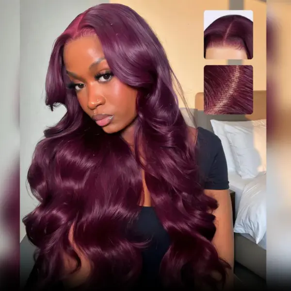 Megalook 13x6 Three-Go Dark Plum Glueless Wigs Body Wave With Drawstring 100% Human Hair Wig