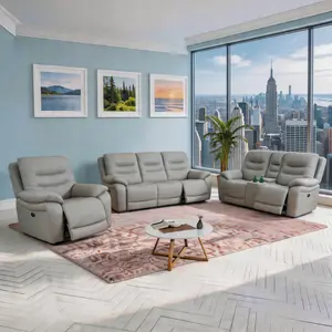 ainehome Modern LED Grey Genuine Leather Breathing Electric Recliner Sofa Set 3-Piece Couch Living Room Sofa Set with Adjustable Backrest & Storage Features