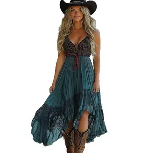 European and American summer retro western cowboy style casual printed dress Womenswear Comfort No.259 Bohemian Boho