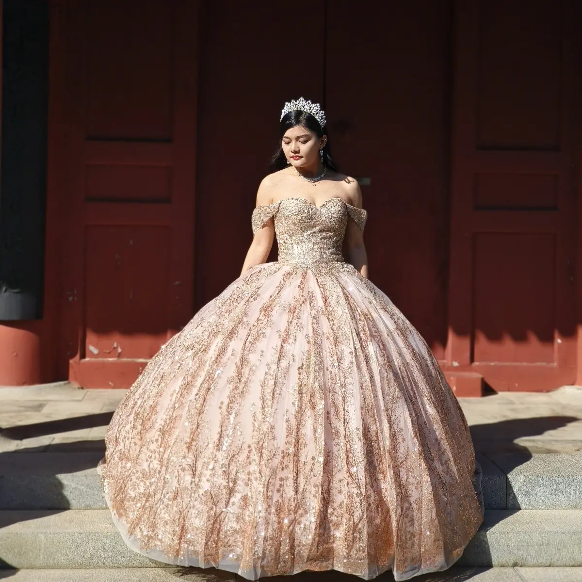 Women's NO.32 Sequin Lace Off-the-Shoulder Floor-Length Quinceanera Ball Gown - Formal Dress for Mexican Sweet 15 Parties, Elegant, Multi-Size, Sleeveless, Plus Size (S, 2Xl, 3Xl)
