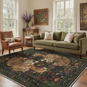 【Deals For You Days】GENIMO Tiger Boho Area Rugs, Vintage Oriental Botanical Living Room Rug, Non Slip Washable Rug Stain Resistant, Low Pile Thin Soft Midnight Green Throw Carpet for Bedroom, Dining Room, Office, Dorm