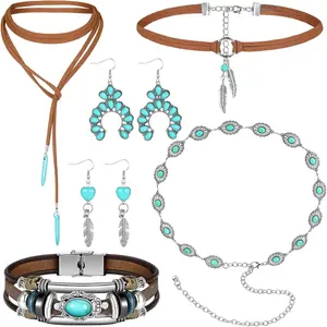 6 Pcs Western Jewelry for Women Bohemian Turquoise Pendant Choker Necklace Long Choker Dangle Earrings Boho Layered Bracelets Adjustable Cowgirl Chain Belt for Women
