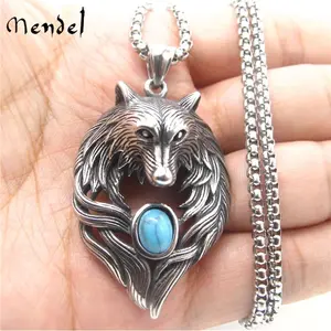 Stainless Steel Turquoise Wolf Head Pendant Necklace For Men Women