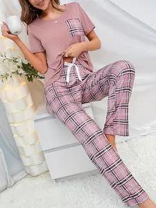 Women's Summer Pajama Set, Short Sleeve Top + Gingham Long Pants, Breathable Comfortable Fit, Casual Fashion for Home Wear